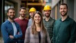 © khonkangrua - Group of professional construction workers posing confidently in modern office setting with safety helmets