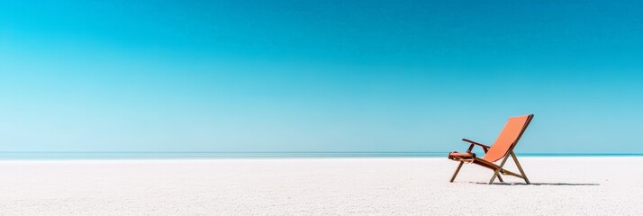 Poster - Minimalist beach scene featuring an inviting orange deck chair on pristine white sand, overlooking a tranquil turquoise ocean under a clear blue sky, evoking a sense of peaceful summer vacation