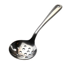 a stainless steel slotted ladle used for serving liquids.