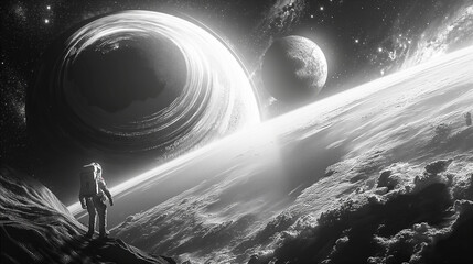 Distant planets and a swirling black hole in outer space landscape with astronaut. Generative AI