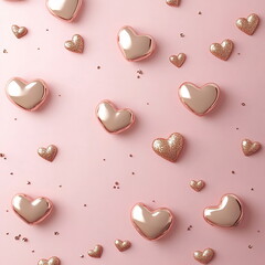 Poster - Soft pink Valentine's Day square post background for greeting cards, wedding invitation, with scattered red and pink hearts of varying sizes, creating romantic dreamy atmosphere with ample copy space