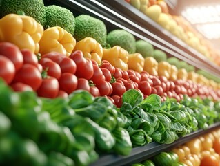 Capture the essence of a bright summer market filled with local seasonal produce, bursting with ripe colors and warm sunlight This stunning image showcases the vibrant hues of fresh vegetables From