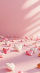 Poster - Soft pastel Valentine's Day vertical greeting card template with empty copy space with a delicate pink and white gradient, decorated with small candy hearts and rose petals for a playful yet romantic