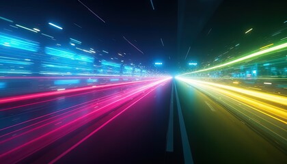 Poster - Futuristic light beams and glowing trails in motion creating a tunnel effect with speed lines