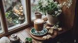 A glass of latte coffee with latte art in the form of a leaf, standing on a green plate with patterns. A coffee cup is on a wooden surface near the window.