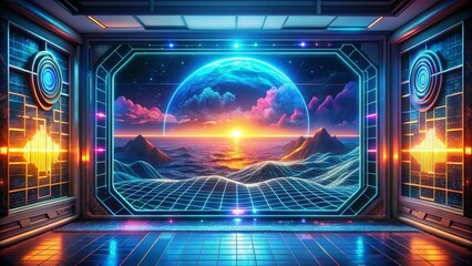 Poster - Retro Futuristic HUD Interface: Cyberpunk Sci-Fi Digital Dashboard with Holographic Box and Data Waves