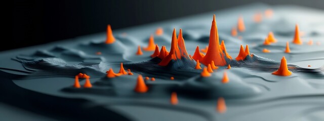 Poster - A captivating 3D digital art piece that visualizes the frequency distribution of technological innovations in a dynamic abstract landscape