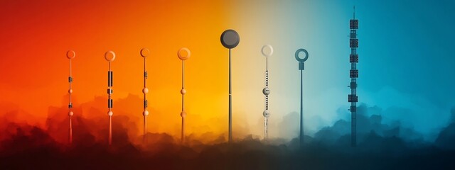 Poster - Colorful digital showcasing the frequency allocation and spectrum distribution for various radio communication bands and signals  The abstract background features a futuristic