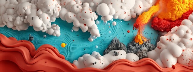 Poster - Digital showcasing the frequent occurrence of various geological events such as earthquakes volcanic eruptions and other natural disasters in an abstract vibrant and textured landscape