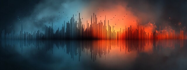 Fototapete - This captivating digital artwork showcases a stunning visualization of the frequency distribution of words in a written text creating a mesmerizing and dynamic landscape of light color and energy