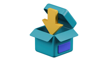 Aufkleber - 3D render of an open teal box with a yellow downward arrow inside, symbolizing download. background removed