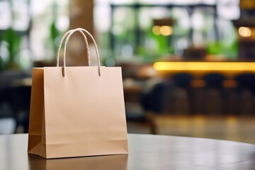 Food Delivery Services. A simple brown paper bag sits on a table in a modern interior setting.