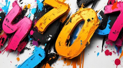 Poster - Vibrant and abstract arrangement of large, bold numbers painted in various colors, overlapping and creating a dynamic composition with splashes of paint in the background