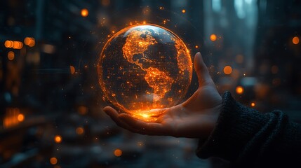 Poster - Global Connection: A Hand Holding the Illuminated World