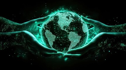 Poster - hands are depicted holding a global network connection, symbolizing integration of blockchain technology, data exchange, big data stream, futuristic linking in abstract technology background hd image
