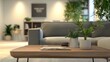 © instock - A cozy living room with a sofa, coffee table, and decorative plants.