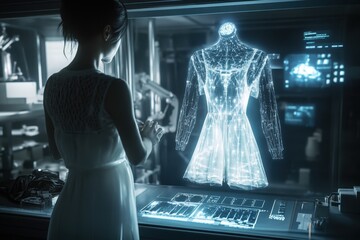 Poster - Designer interacts with holographic dress display in futuristic studio environment