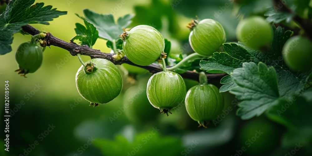 Fresh green gooseberries nestled on branches of a lush gooseberry bush, showcasing the vibrant color and natural beauty of fresh green gooseberries in their natural habitat.