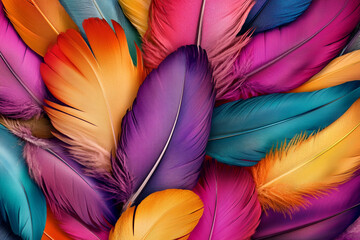 Fototapete - A colorful pile of feathers, each one unique in shape and color, creating an intricate pattern that is both beautiful and mysterious. 