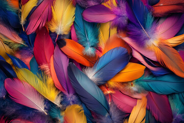 Fototapete - A colorful pile of feathers, each one unique in shape and color, creating an intricate pattern that is both beautiful and mysterious. 