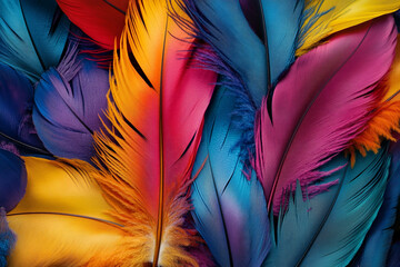 Fototapete - A colorful pile of feathers, each one unique in shape and color, creating an intricate pattern that is both beautiful and mysterious. 