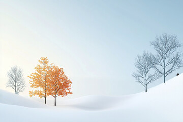 Wall Mural - gentle winter scene with snow covered hills and trees, featuring vibrant orange leaves on one tree against serene blue sky. tranquil atmosphere evokes sense of calm and beauty