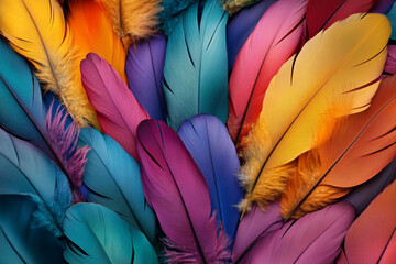 Fototapete - A colorful pile of feathers, each one unique in shape and color, creating an intricate pattern that is both beautiful and mysterious. 