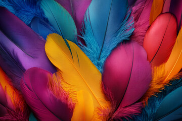 Fototapete - A colorful pile of feathers, each one unique in shape and color, creating an intricate pattern that is both beautiful and mysterious. 