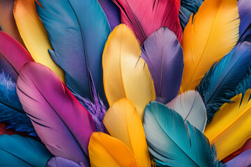 Fototapete - A colorful pile of feathers, each one unique in shape and color, creating an intricate pattern that is both beautiful and mysterious. 