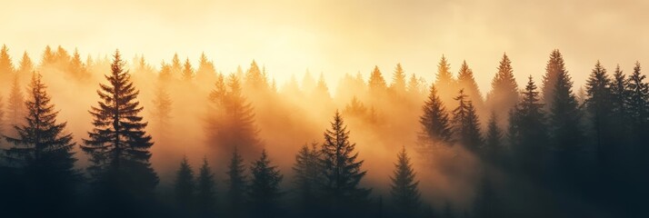 Poster - Warm sunlight filtering through a misty coniferous forest at sunrise creates a breathtaking panorama, showcasing nature's beauty and evoking a sense of tranquility in the wilderness