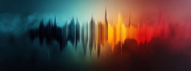 Poster - Vibrant abstract digital depicting pulsating sound waves with a kaleidoscopic gradient of colors representing the dynamic and energetic nature of vibrating frequencies and audio data