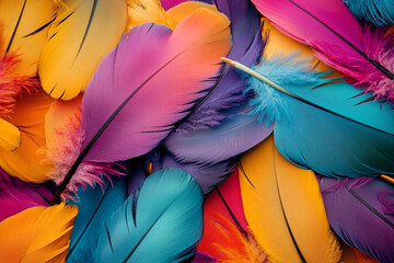 Fototapete - A colorful pile of feathers, each one unique in shape and color, creating an intricate pattern that is both beautiful and mysterious. 