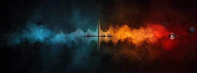 Poster - A captivating digital depicting the complex process of frequency modulation used in radio broadcasting showcased in a visually striking cosmic explosion of energy light and vibrant colors