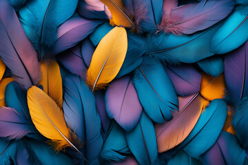 Fototapete - A colorful pile of feathers, each one unique in shape and color, creating an intricate pattern that is both beautiful and mysterious. 