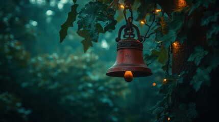 Wall Mural - Rustic red bell hanging from a tree surrounded by lush greenery