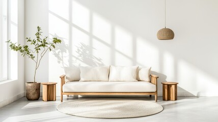 Poster - Sustainable Living. Bright and airy living space featuring a cozy sofa and natural decor elements.