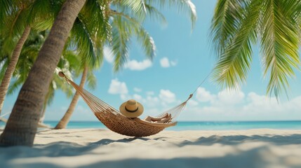 Poster - Woman wearing a straw hat, relaxing in a hammock while enjoying stunning views of a beautiful tropical beach with swaying palm trees, soft white sand, and sparkling turquoise water
