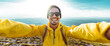 © Davide Angelini - Happy hiker taking a selfie on the top of a mountain - Smiling man looking camera - Handsome male face outdoor