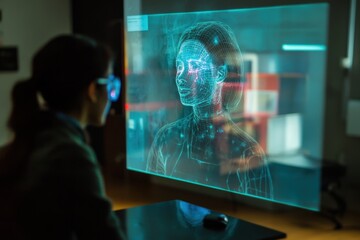 Poster - Innovative holographic technology displays interactive female figure in modern workspace