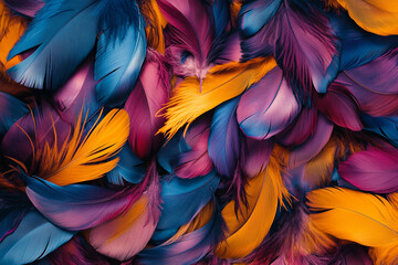 Fototapete - A colorful pile of feathers, each one unique in shape and color, creating an intricate pattern that is both beautiful and mysterious. 