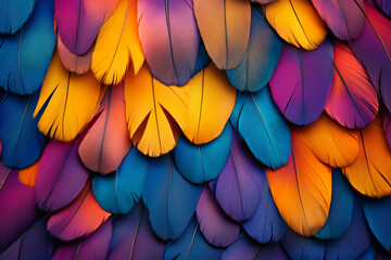 Fototapete - A colorful pile of feathers, each one unique in shape and color, creating an intricate pattern that is both beautiful and mysterious. 