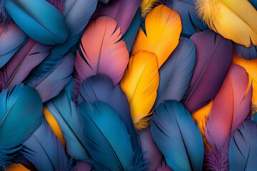 Fototapete - A colorful pile of feathers, each one unique in shape and color, creating an intricate pattern that is both beautiful and mysterious. 