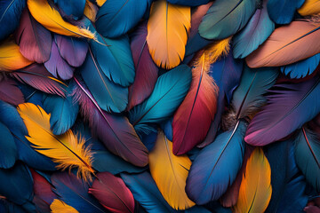 Fototapete - A colorful pile of feathers, each one unique in shape and color, creating an intricate pattern that is both beautiful and mysterious. 