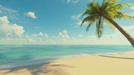 Poster - White sand beach with turquoise water and palm tree leaning over on sunny summer day with clouds in the sky creating perfect holiday destination