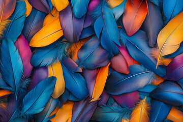 Fototapete - A colorful pile of feathers, each one unique in shape and color, creating an intricate pattern that is both beautiful and mysterious. 