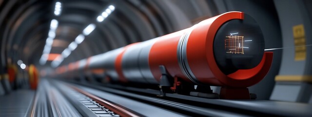 Poster - A 3D rendered image of a particle accelerator a complex scientific instrument used to measure the frequency and energy of particle collisions in high energy physics research