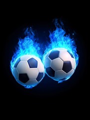 Wall Mural - Fiery Football Flight - Two soccer balls engulfed in blue flames, symbolizing passion, competition, speed, energy, and victory.