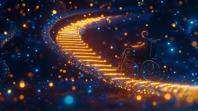 Person in Wheelchair Ascending Glowing Staircase at Night