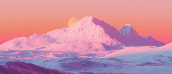Poster - Majestic snow-covered mountains bask in vibrant sunset hues of pink and orange