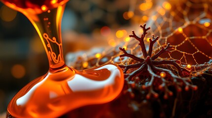Pouring golden liquid over a web with lights